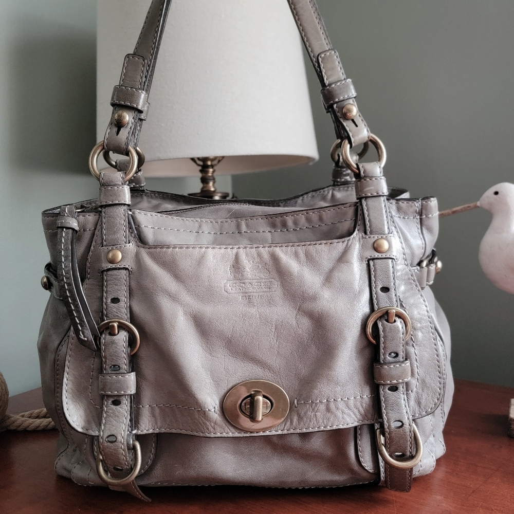 Coach 12705 Garcia Satchel Gray Olive Green Leather Y2K Brass Hardware Bag